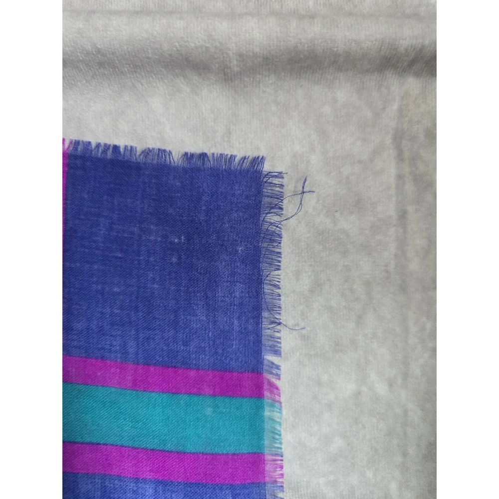 Oscar de la Renta Wool Scarf Square Stripe Teal Blue Purple Japan Fringe VTG Fla
